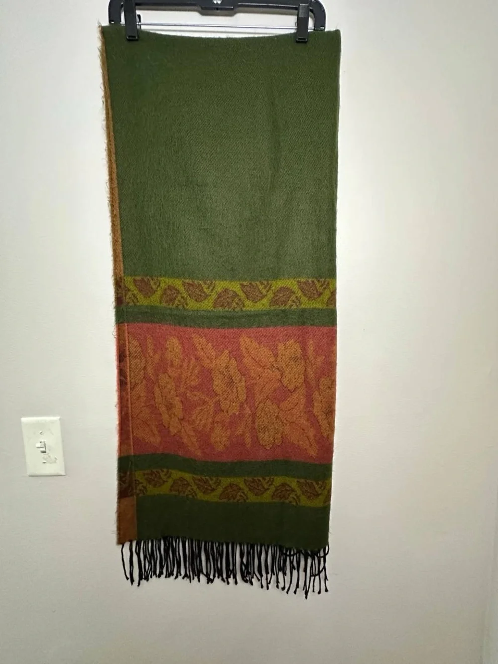 Rust Floral Border Wool Blend Scarf Wrap with Green Accents